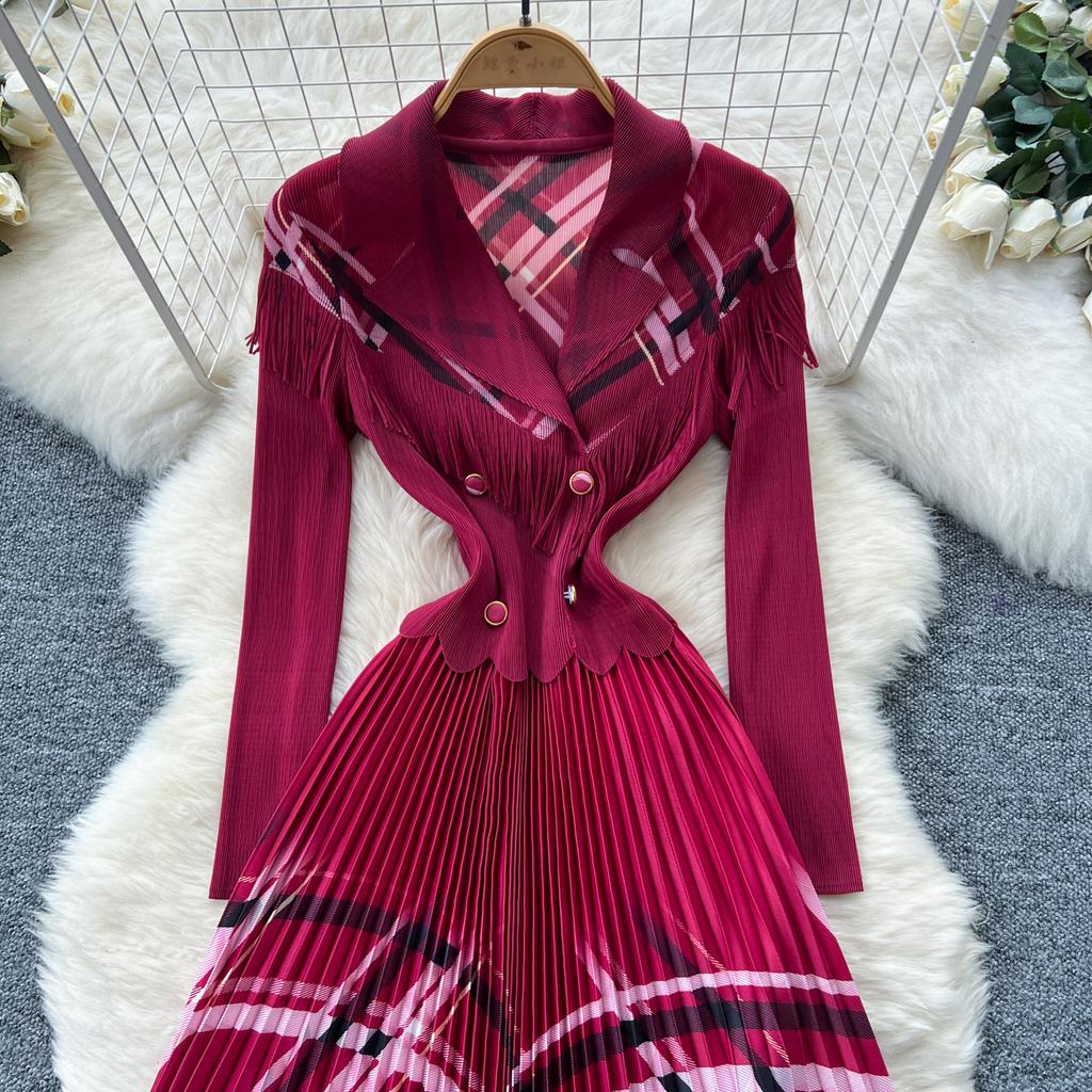 Frühling Herbst Damen Elegant Blazerkragen Zweireihig Druck Büro Party Lang Maxi Plissee Kleider