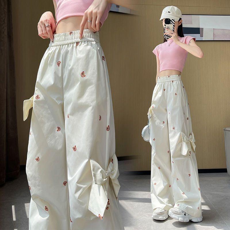 Printed three-dimensional bow decorative sweet and spicy casual overalls women's summer loose quick-drying wide-leg pants tide