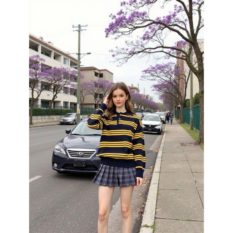 Texture College Comes with Atmosphere Stripes Polo Shirt American Retro Lazy Contrast Color Loose Pullover Knitwear