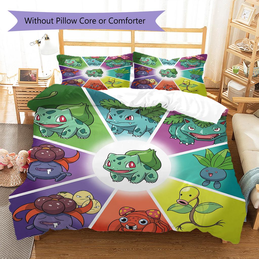 Bulbasaur Pattern Bedding Quilt Set Quilt Cover Pillowcase Home Decoration Birthday Gift (1 * duvet cover + 2 * pillowcase, without core)