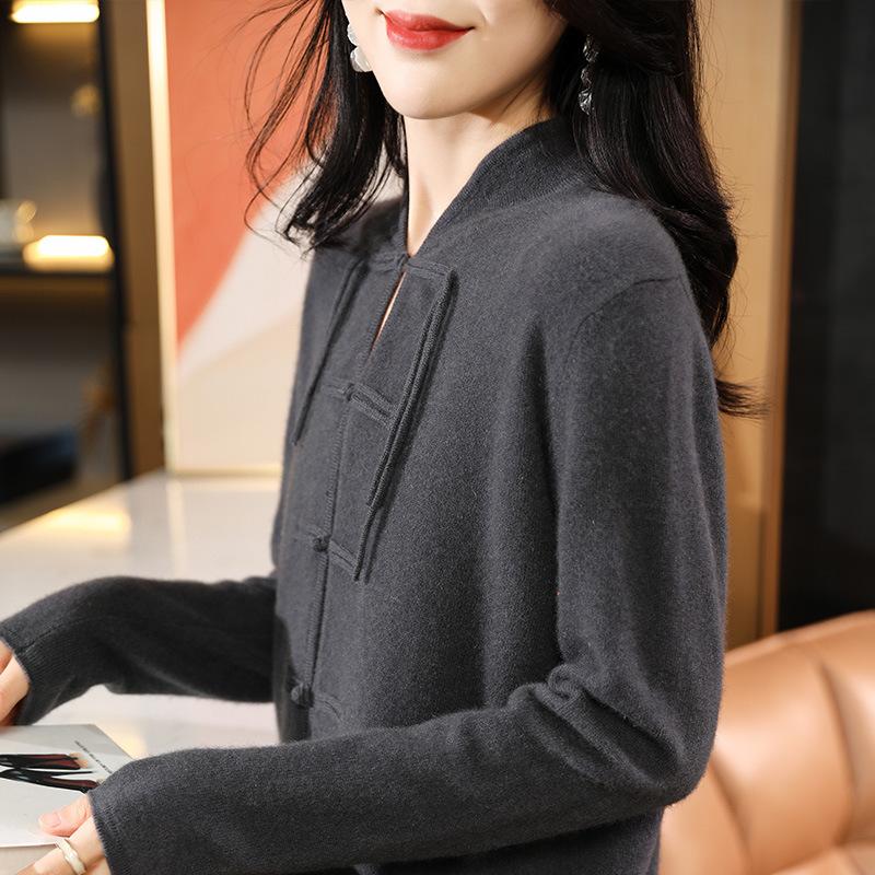 Cardigan de lână de sine stătător în stil chinezesc pentru femei Toamna și Iarna Top tricotat nou din cașmir Jachetă de lână cu nasturi retro versatilă