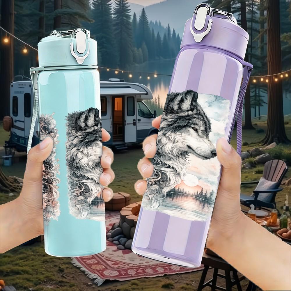 1PC Twin Tiger Dark Vintage Animal Art 750ml Color Plastic Sports Water Bottle Leakproof Flip Straw Lid Suitable for Sports Office Home Use