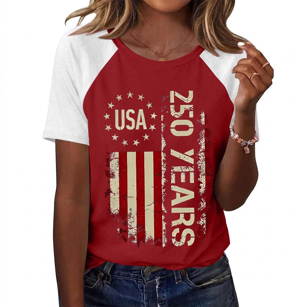 Women’s Raglan Sleeve Printed Top USA 250 Years Graphic Casual Crewneck Short Sleeve Loose Fit Summer T Shirt for Women