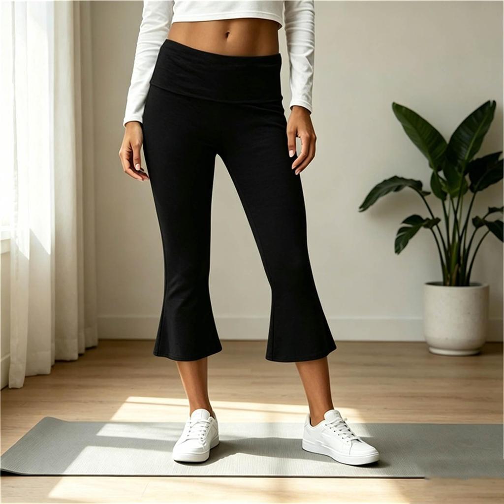 Women's Low Waist Folded Flared Capri Pants Stretchy Yoga Trousers Slim Fit Comfortable Casual Wear
