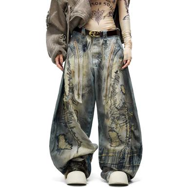 Plus Size Wasteland Style Loose Wide-Leg Embroidered Jeans