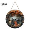 Retro Mysterious Forest Sign Halloween Witch Hanging Sign, 8" Round Wooden Door Autumn Witches Rustic Holiday for Home Front Porch Decoration Harvest