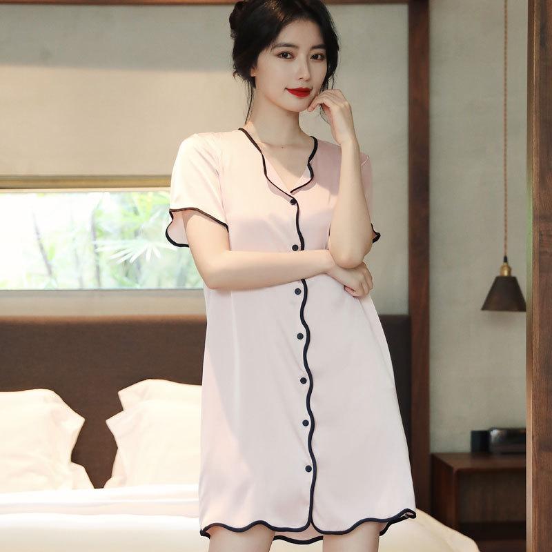Women’s Sexy Short Sleeve Princess Style Satin Ice Silk Shirt Nightgown Spring Summer Autumn Sleepwear