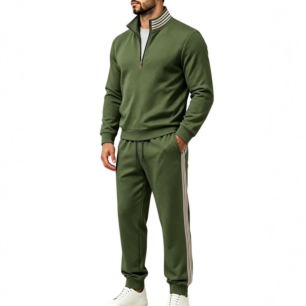 Men's 2 Piece Sweatsuit Set Fall Winter Striped Half Zip Stand Collar Sweatshirt and Sweatpants Casual Athletic Tracksuit