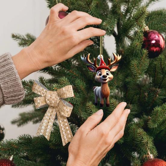 6 Pcs Christmas Reindeer Ornament Cute Cartoon Elk Acrylic Hanging Decoration with Santa Hat 2D Flat Animal Pendant for Car Interior Home Holiday