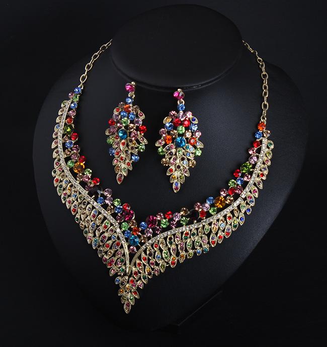 Stylish, Full-Diamond Colorful Collarbone Necklace, Earrings Set, Dress, Dinner Party, Exaggerated Accessories
