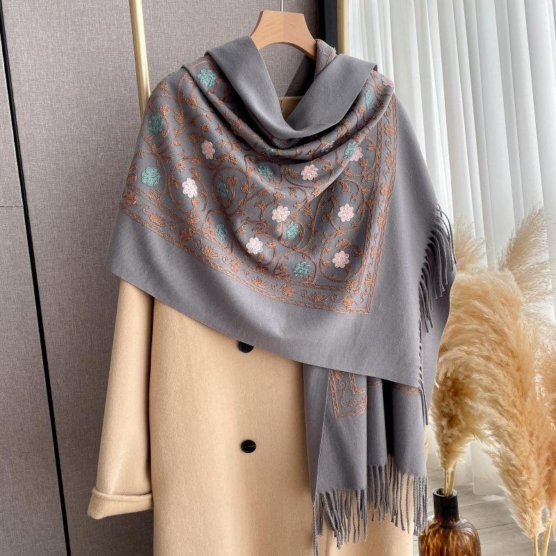 Pattern embroidery flower imitation cashmere scarf shawl ethnic style travel thickened warm cape cape long towel fringed woman