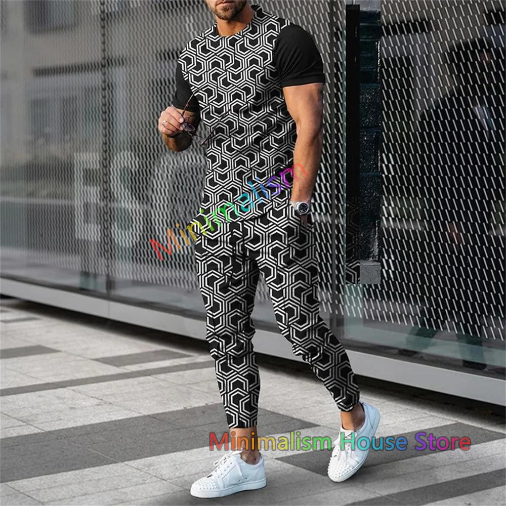 Fashion Men Trousers Tracksuit Stripe Printed Jogger Sportswear Short Sleeve T Shirt +Long Sweatpants 2 Piece Sets Men Clothes