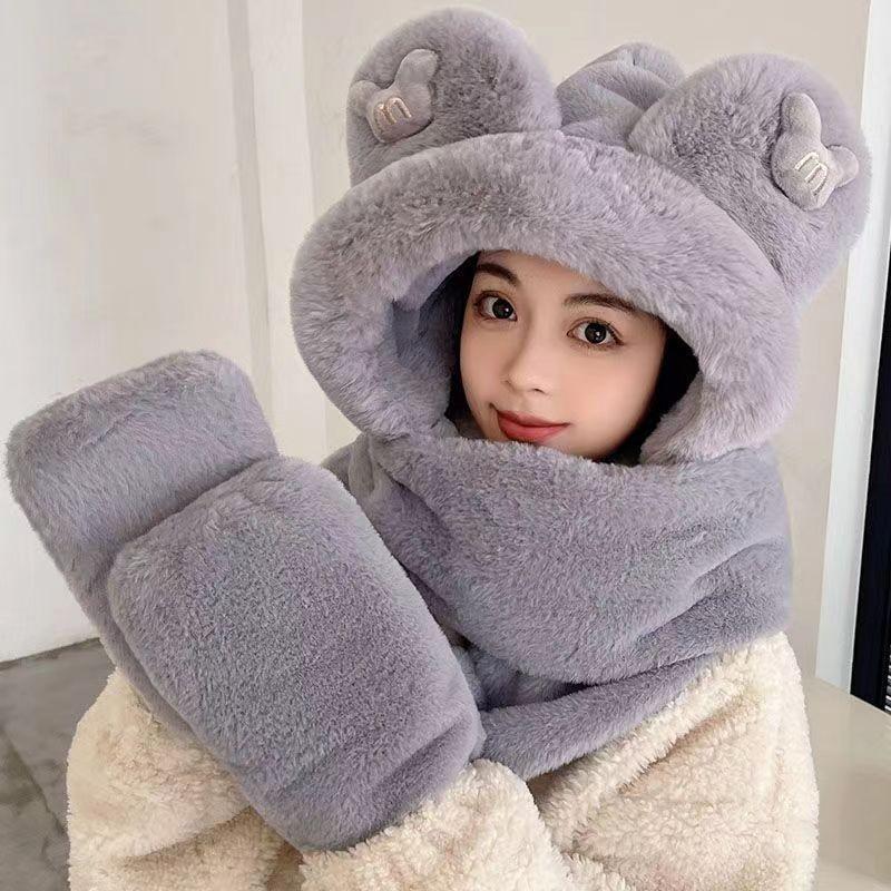 Bear hat women's winter versatile scarf integrated thickened cute cycling ear protection warm scarf three-piece set