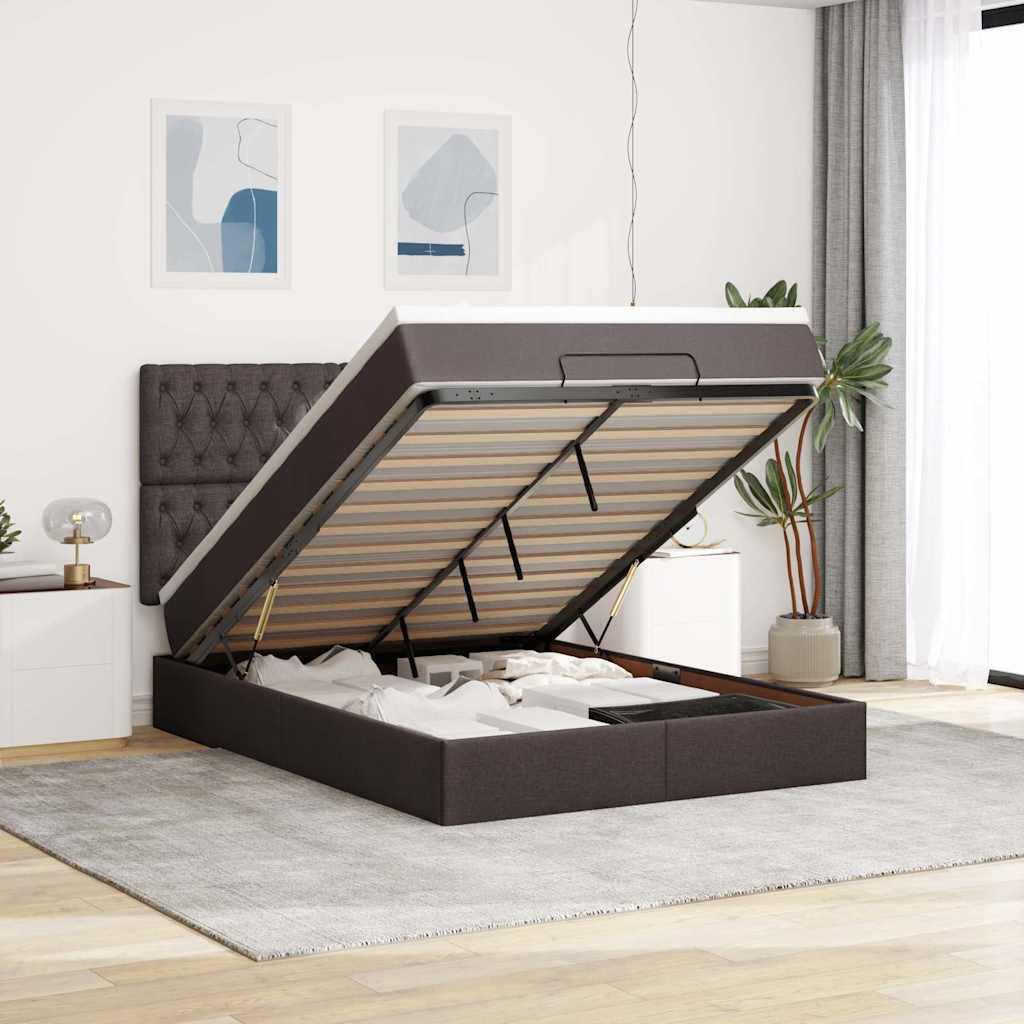 Ottoman Bed with Mattress & LEDs Dark Brown 140x190 Cm Fabric