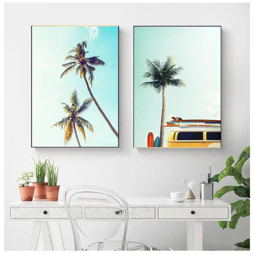 Pittura su Tela Paesaggio Vintage Tavola da Surf Palme Furgone da Surf Poster di Viaggio Vacanza Stampa Arte Murale Immagini Per Decorazione Casa