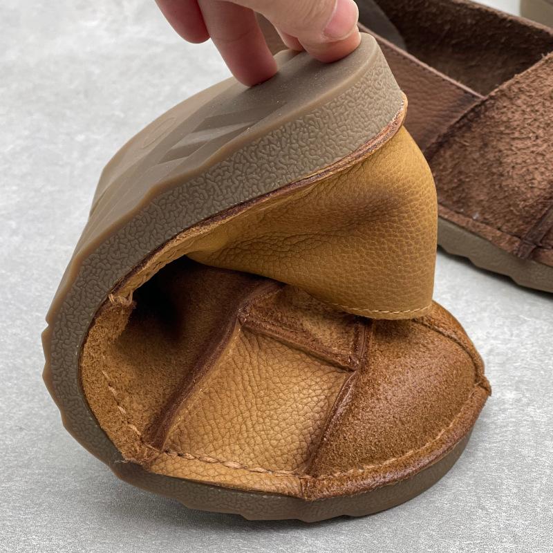 Johnature Handmade Loafers Genuine Leather Flats Retro Round Toe Soft Soled Cowhide Women's Slip-on Shoes