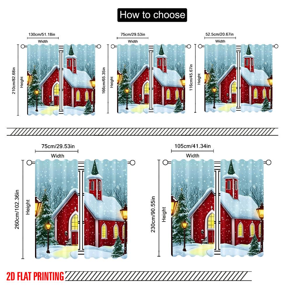 2pcs 2D flat printing Merry Christmas Popular Party Window Curtains Festive Red Church with Snow Scenery Versatile Polyester