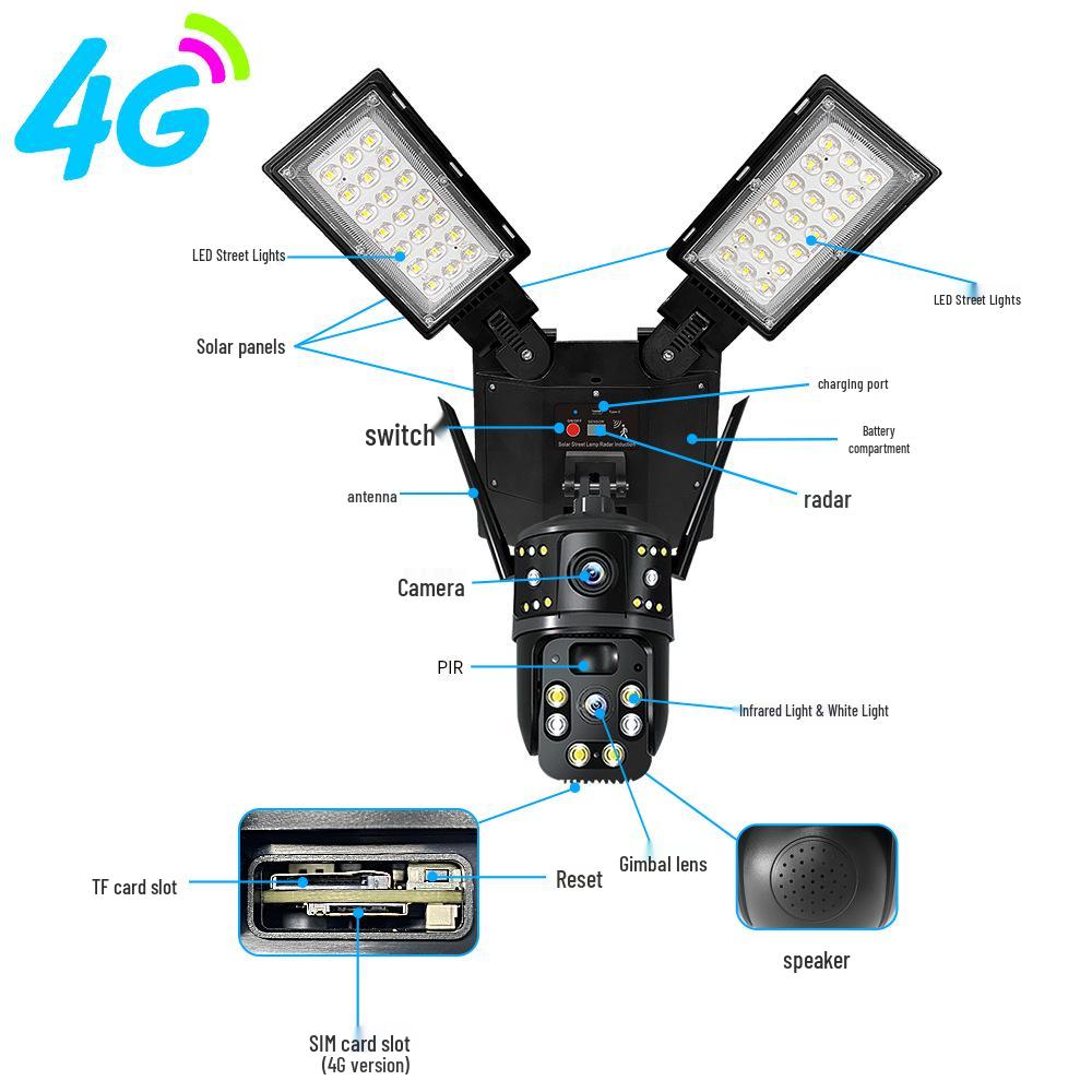 V380 Solar WiFi Street Light: 4G Dual Lens Night Vision, Waterproof Camera