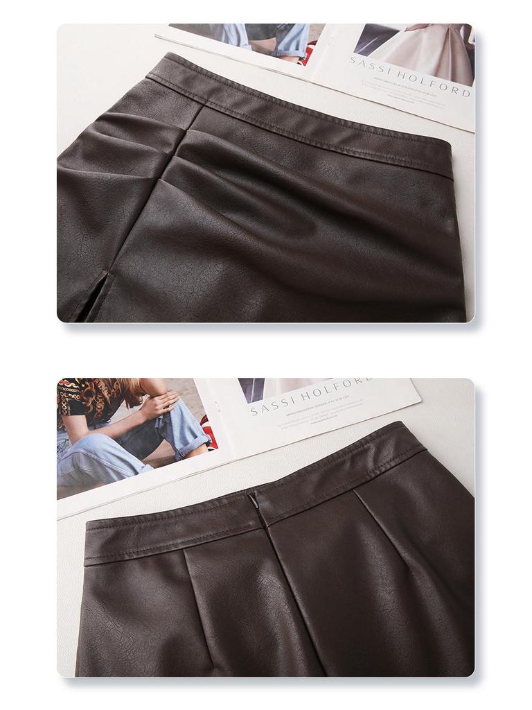 Autumn/Winter 2024 Coffee PU Leather Midi Skirt: High-End, Hip-Hugging, Slimming A-Line Design for Women