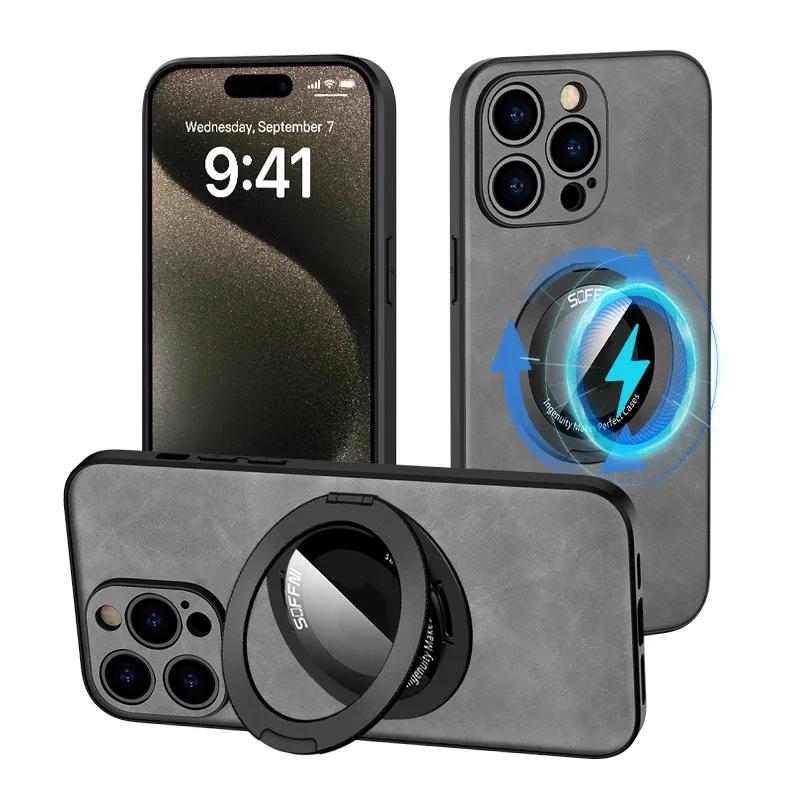 

360 Магнитное кольцо с подставкой Роскошный кожаный чехол для телефона для IPhone 15 14 13 12 11 Pro Max Держатель Защитная Противоударная Крышка For iPhone 11 серый