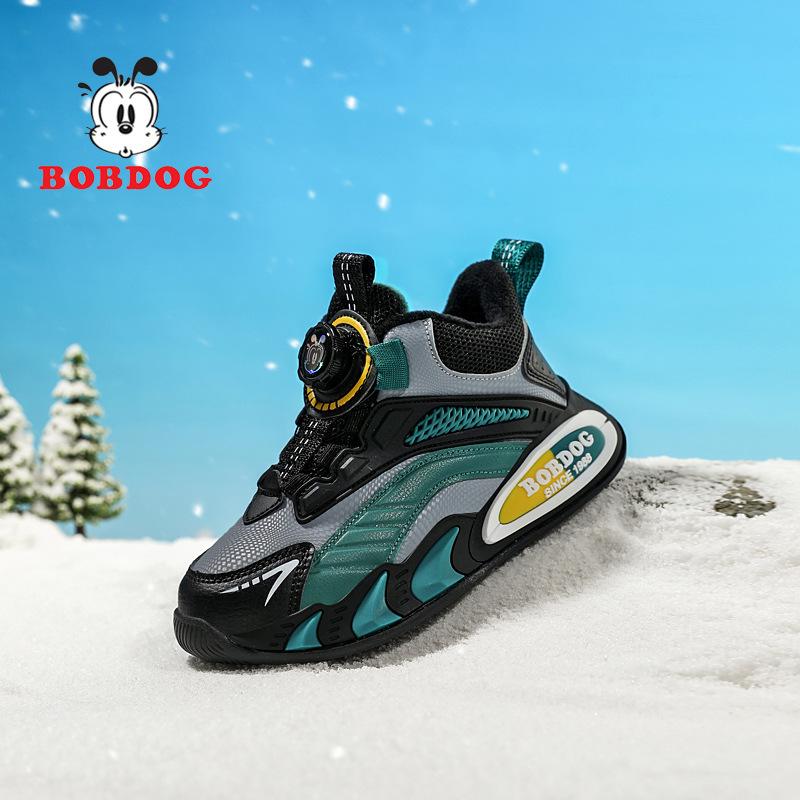 Babu Bean Classmate Boys Fleece Leather Surface Waterproof Sneakers Girls Running Shoes Middle Older Children Rotary Buckle Mesh Shoes
