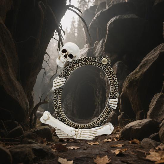Vintage Skeleton Mirror Frame Statue Gothic Halloween Skull Hold Mirror Figurine Resin Skeleton Sculpture for Shelf Mantel Home Office Decor