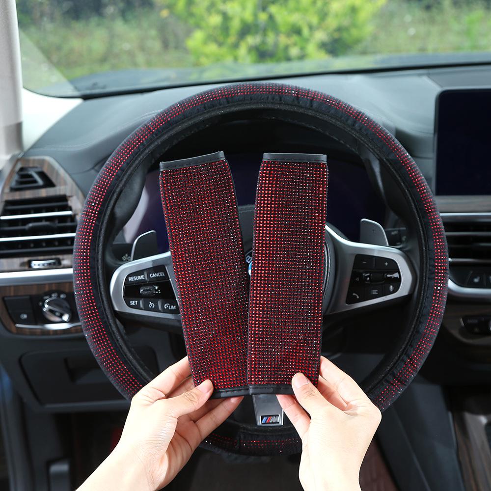 Colorful Rhinestone Steering Wheel, Seat Belt Pad, and Rearview Mirror Cover Set for All Seasons