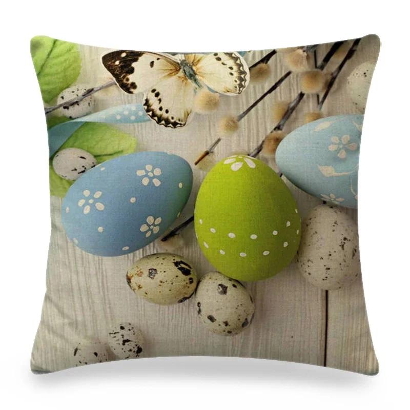 Easter Cushion Cover Cute Bunny Eggs Printed Pillow Covers 18x18 Inches Easter Decorations Hare Rabbit Flower Linen Pillowcase