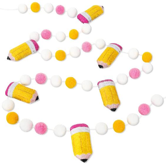 Whaline Back to School Felt Pom Banner 8.2 Ft Cute 3D Pencil Felt Ball Garland Back to School Decorations Pencil Pompom Welcome Back to School