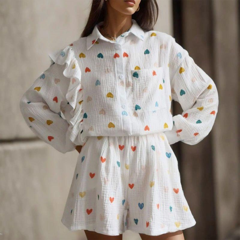 Ruffled Heart Shirt Casual Set Ruffles Heart Shirt Casual Shorts Suit