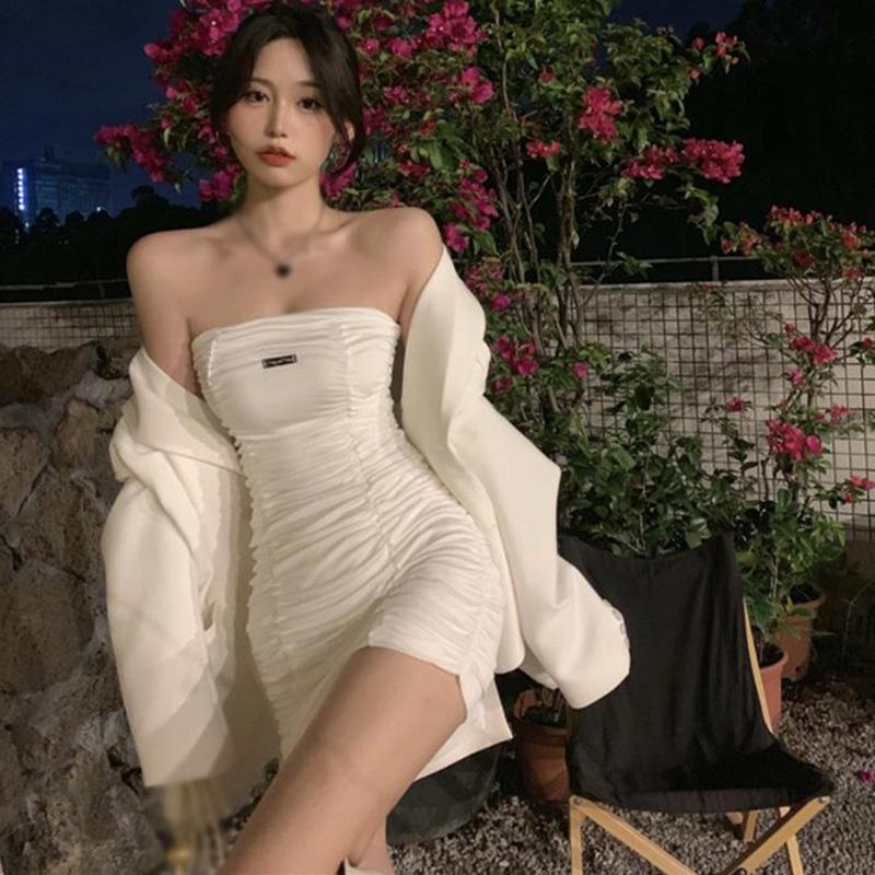 Women Dress Club Pleated Bodycon Dress Solid Color Strapless Slim Dress