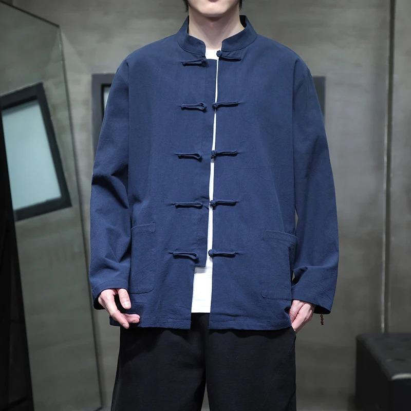 Black White Chinese Shirt Man Linen Tang Suit Spring Autumn Long Sleeve Kung Fu Shirt Traditional Men Blouses