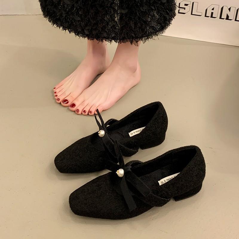 Bow grey woolen single shoes thick heel inner heel height.cm - .5cm Mary Jane shoes 35