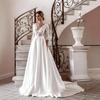 European and American New Wedding Dress Crew Neck Lace Long Sleeve Satin Thin Can Be Ordered Large Size