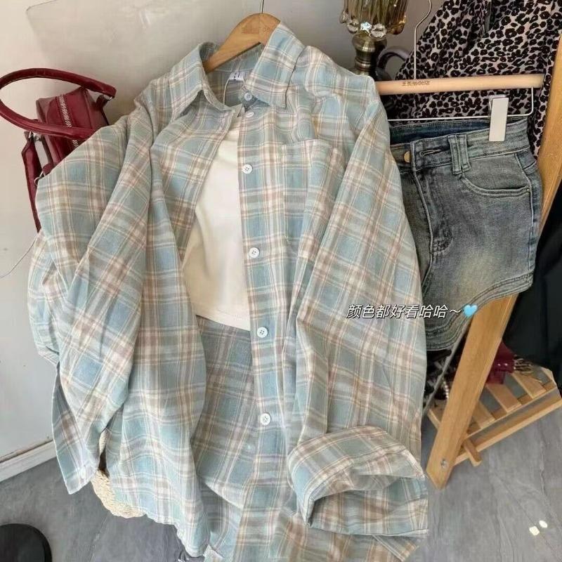Blue Plaid Shirt Women's Lazy Style Early Spring Casual Shirt Loose and Versatile Sun Protection Long-sleeved Trendy