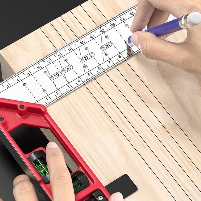 Multifunctional Steel Right Angles Hole Marking Ruler with Bubble Levels T Square Ruler For Woodworking Precise Measuring