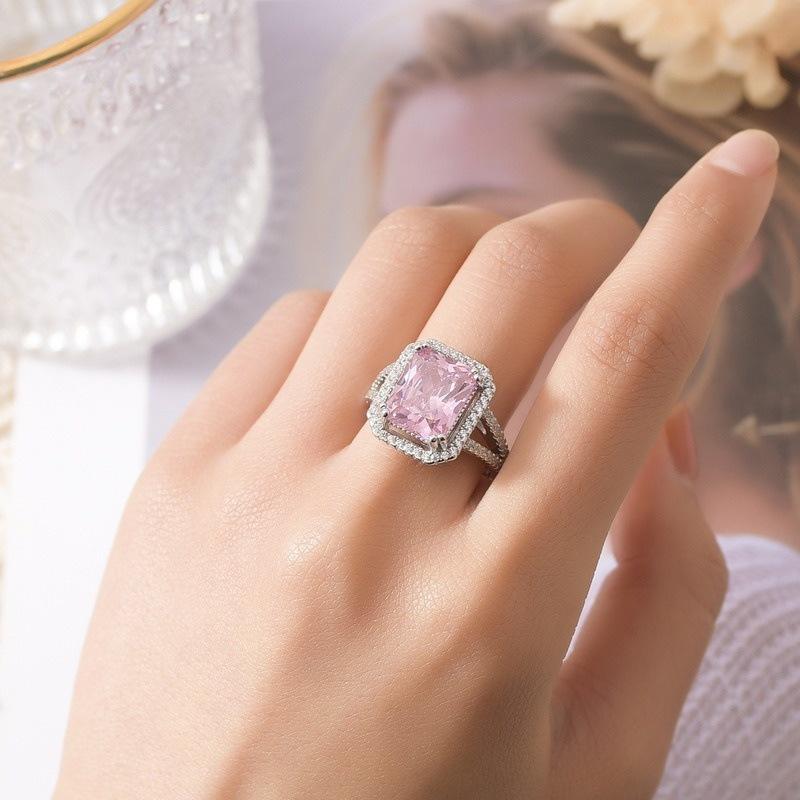 Huajie Charming Pink Square Zircon Shining Women's Rings Wedding Engagement Party Gift Ring Dazzling  Trend