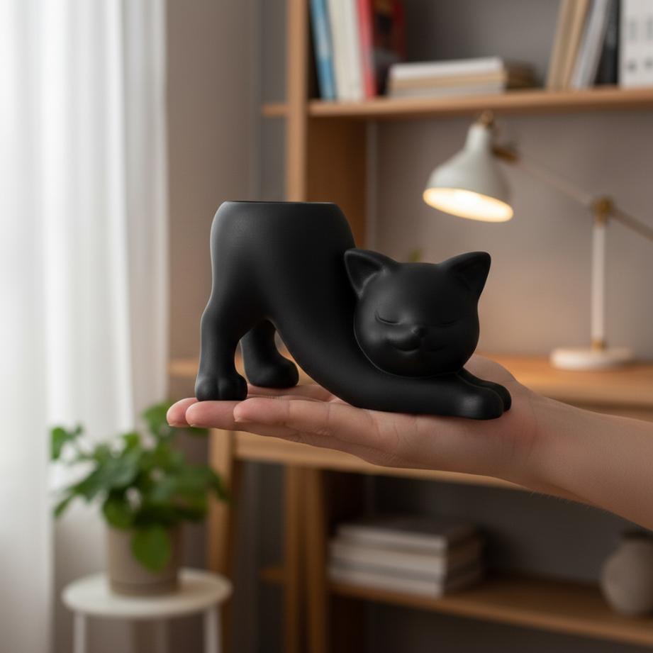 Black Flowerpot In the Shape of a Stretching Cat for Succulents and Cacti