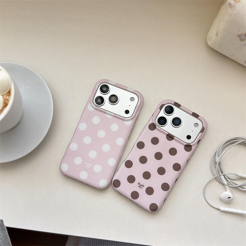 Korean Style Pink-Brown Polka Dot iPhone 16/17 Pro Max Case, Double Layer, Fits 15/14 Models