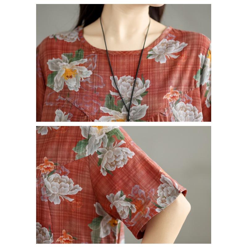 DIMANAF 2025 Plus Size Summer Dress Women New Floral Vintage Long Casual O-Neck Dress Loose Dress Maxi