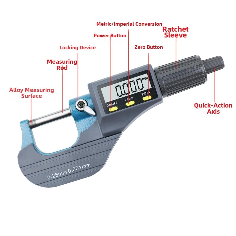 For Machining Grey Digital Micrometer 0-25mm Measuring Range Carbide-tipped Alloy Head Rust Resistant Construction China Mainland