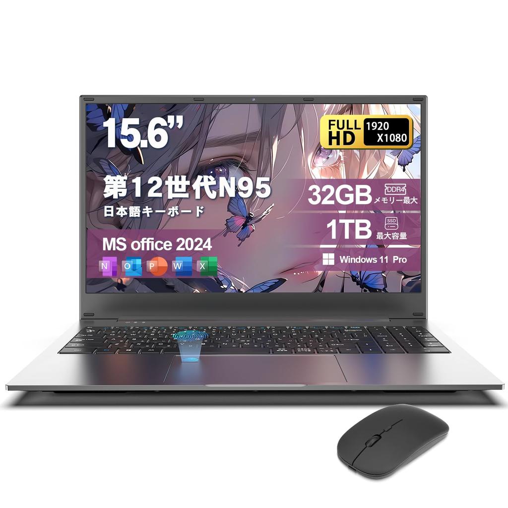 VETESA Laptop with Office Intel N95 4C4T 16GB RAM 1TB 2280 Windows 11 Pro 2025 1920x1080 IPS Slim Laptop with Fingerprint Japanese and Mouse Ideal for