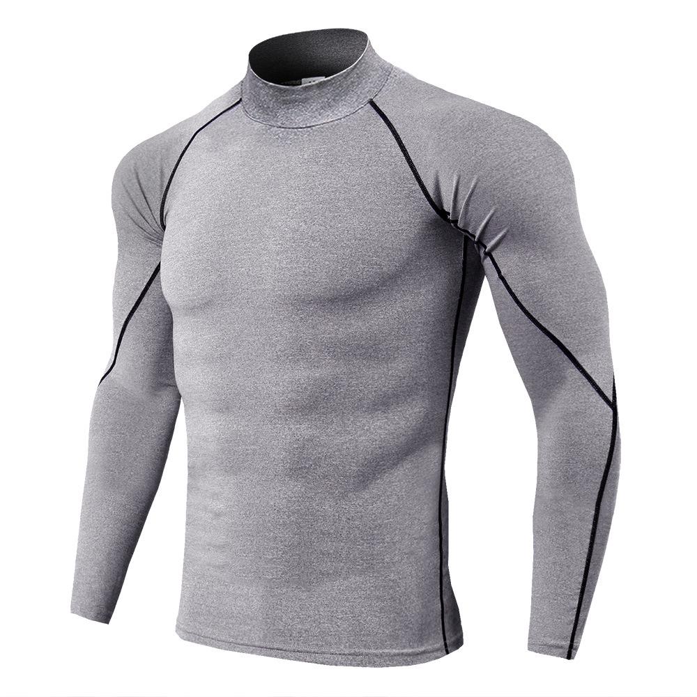 Pánské tričko s vysokým výstřihem a dlouhým rukávem, fitness tričko, přiléhavé, rychleschnoucí, pánské jednobarevné tričko