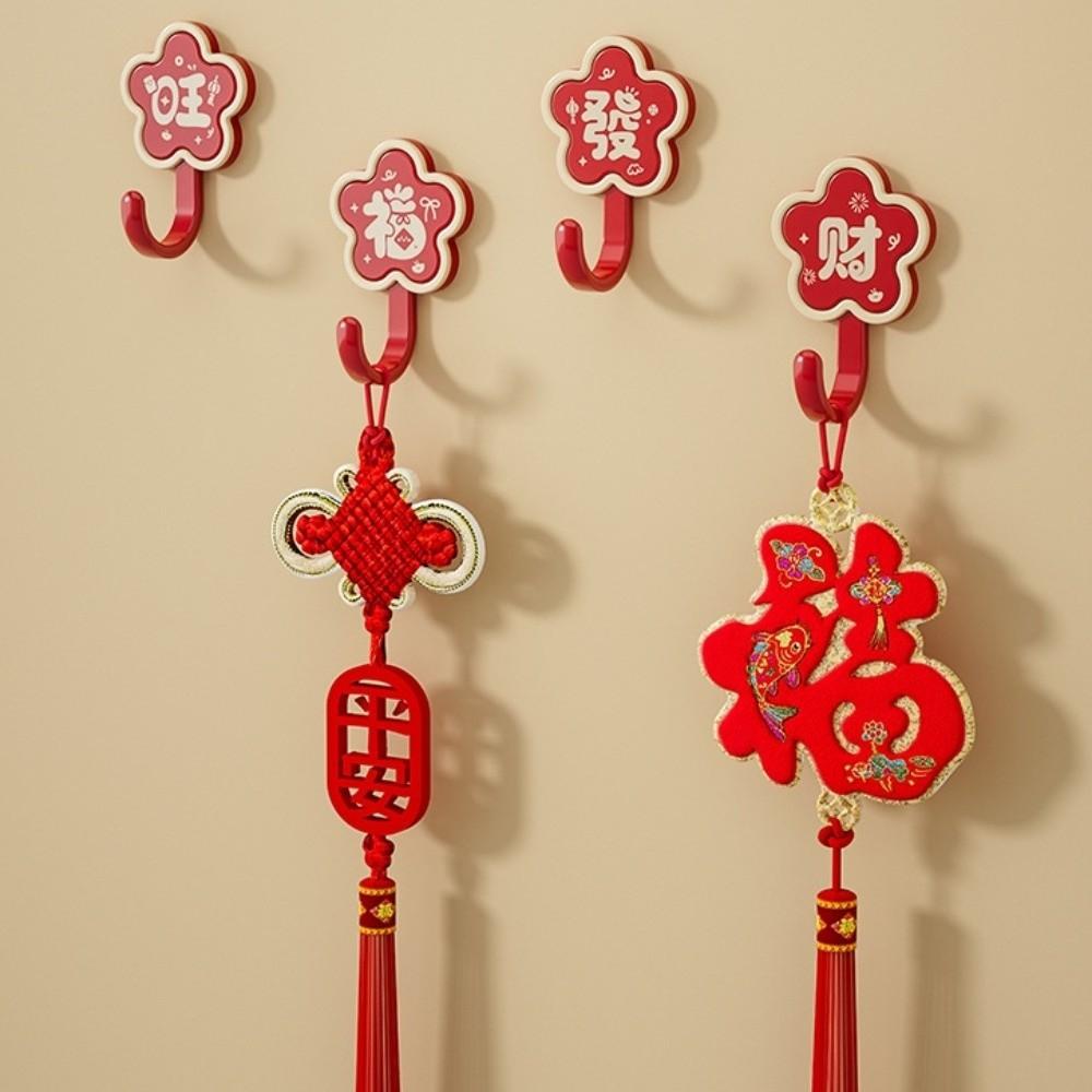 4pcs ABS Wall Mounted Hook Chinese Style Blessing Words Door Hook Red No Drill Spring Festival Hook Chinese New Year