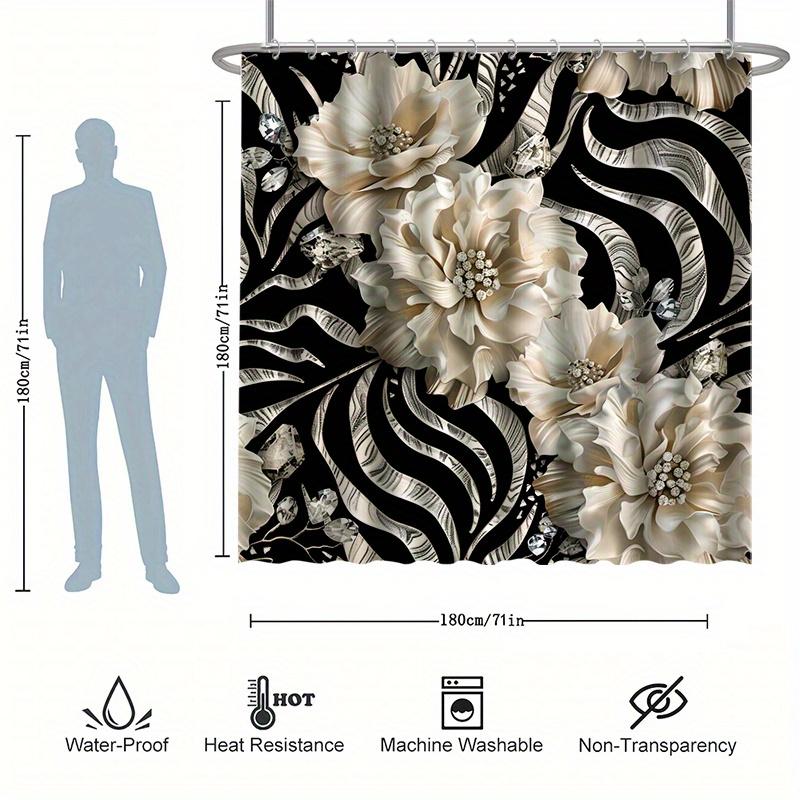 Ensemble de rideaux de douche floraux blanc laiteux - Fleurs blanches sur rayures noir et blanc, Inclut des crochets, Polyester imperméable, Décor moderne