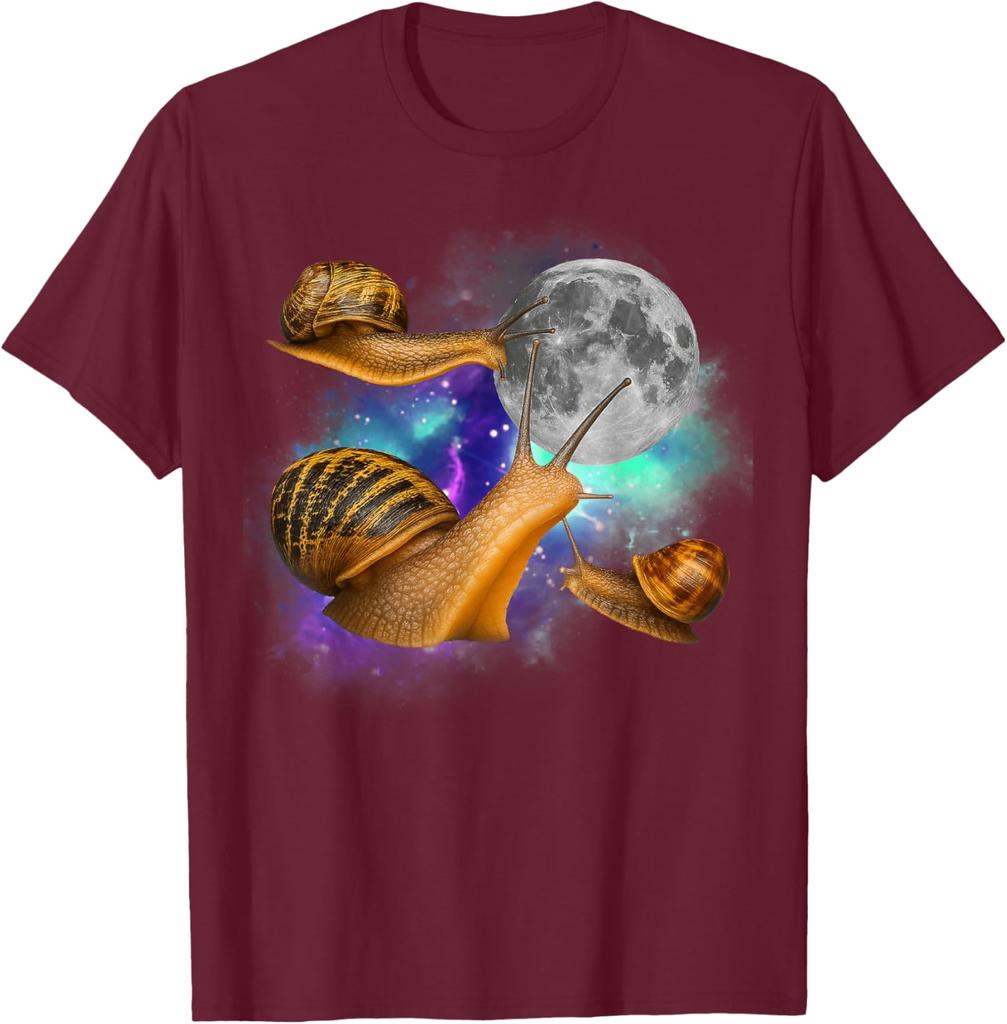Three Snails Moon Galaxy Graphic Tee Funny Weird Mollusks Print Casual Short Sleeve T-Shirt For Men