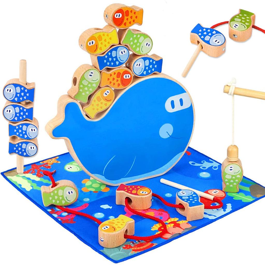 CORPER TOYS Wooden Toy 4in1 Puzzle Fishing Toy String Threading Toy Balance Game Stick Play Cute Wooden Puzzle Christmas Present Toy