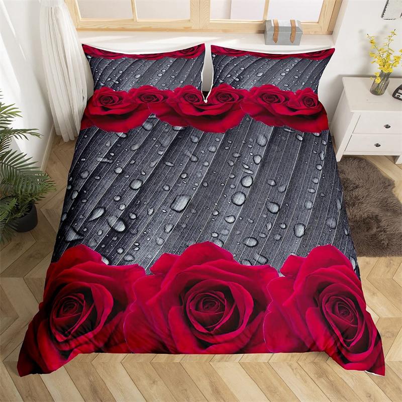 Red Rose Duvet Cover Twin King Romantic Theme Floral Bedding Set Microfiber Love Heart Flowers Quilt Cover For Girl Teen Wedding