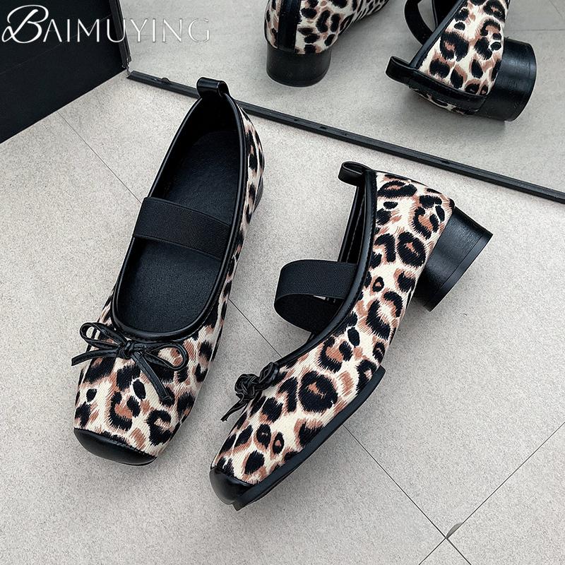 Leopard Square Toe Marie Janes Shoes Bow Women Sandals Ballet 2025 Trend Summer Casual Soft Sole Shoes Shallow Loafers Zapatos