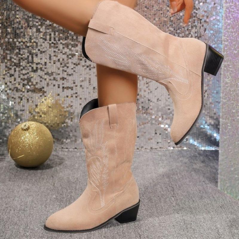 Women's Autumn and Winter New Thick Heel V Mouth Slimming Foreign Trade High Boots But Knee Embroidery Retro Western Cowboy Boots